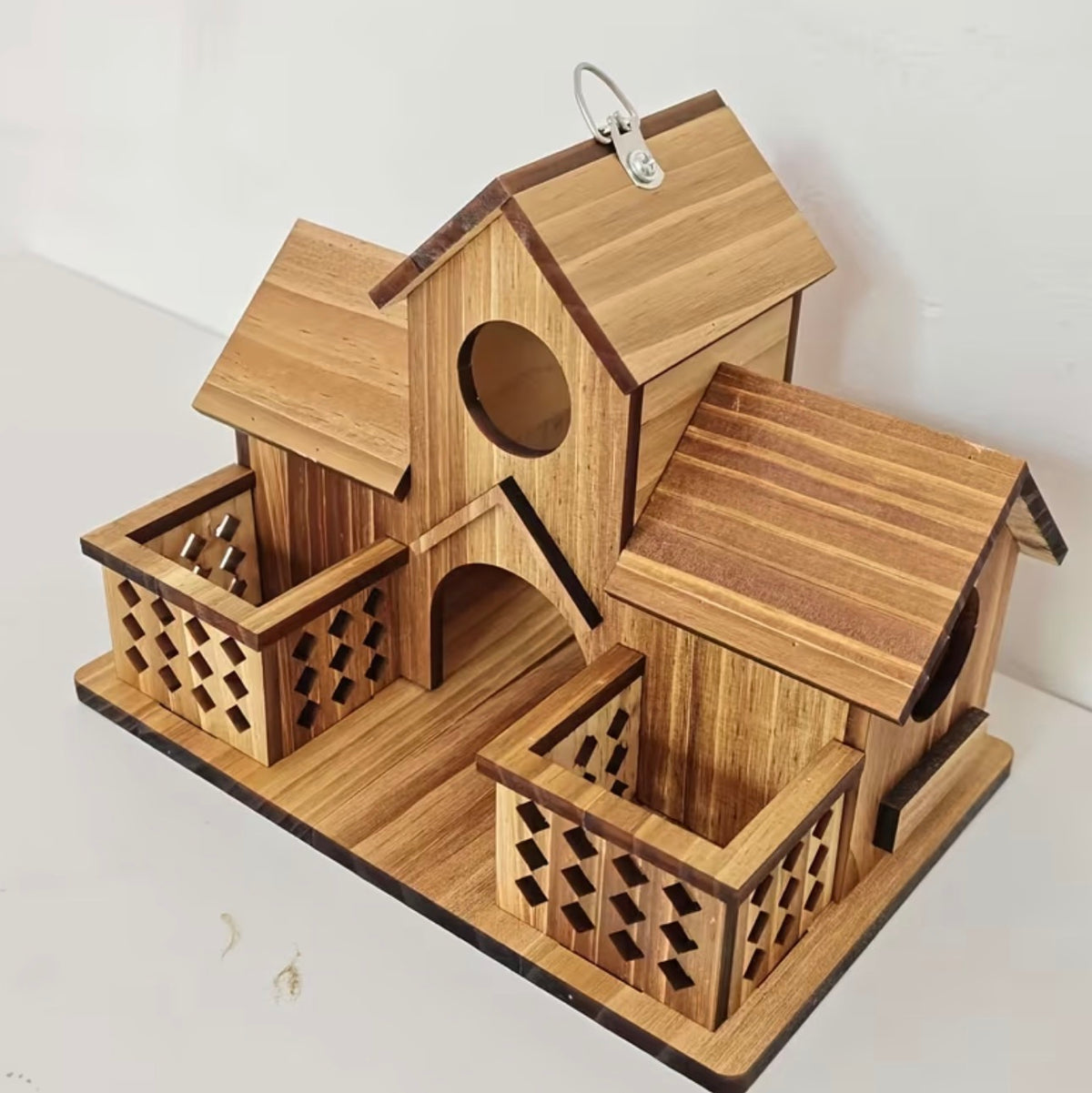 Handcrafted Large Wooden Outdoor Birdhouse with Two Feeding Areas, Natural Pine Wood Hanging Bird Feeder and Perch, Suitable for Garden and Courtyard Decoration, Aimed at Attracting Birds, Rustic Design, Natural Wood Grain