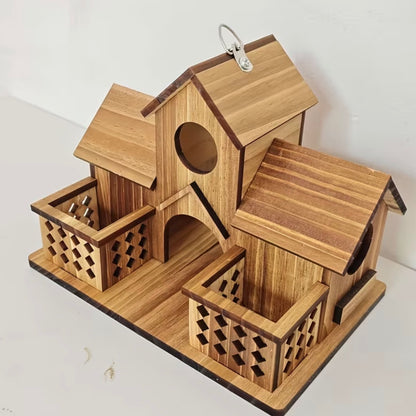 Handcrafted Large Wooden Outdoor Birdhouse with Two Feeding Areas, Natural Pine Wood Hanging Bird Feeder and Perch, Suitable for Garden and Courtyard Decoration, Aimed at Attracting Birds, Rustic Design, Natural Wood Grain