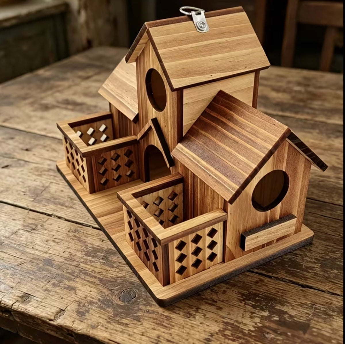 Handcrafted Large Wooden Outdoor Birdhouse with Two Feeding Areas, Natural Pine Wood Hanging Bird Feeder and Perch, Suitable for Garden and Courtyard Decoration, Aimed at Attracting Birds, Rustic Design, Natural Wood Grain