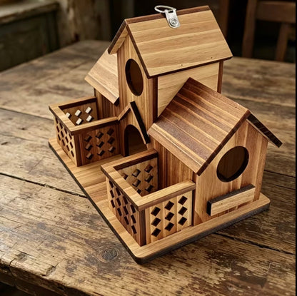 Handcrafted Large Wooden Outdoor Birdhouse with Two Feeding Areas, Natural Pine Wood Hanging Bird Feeder and Perch, Suitable for Garden and Courtyard Decoration, Aimed at Attracting Birds, Rustic Design, Natural Wood Grain
