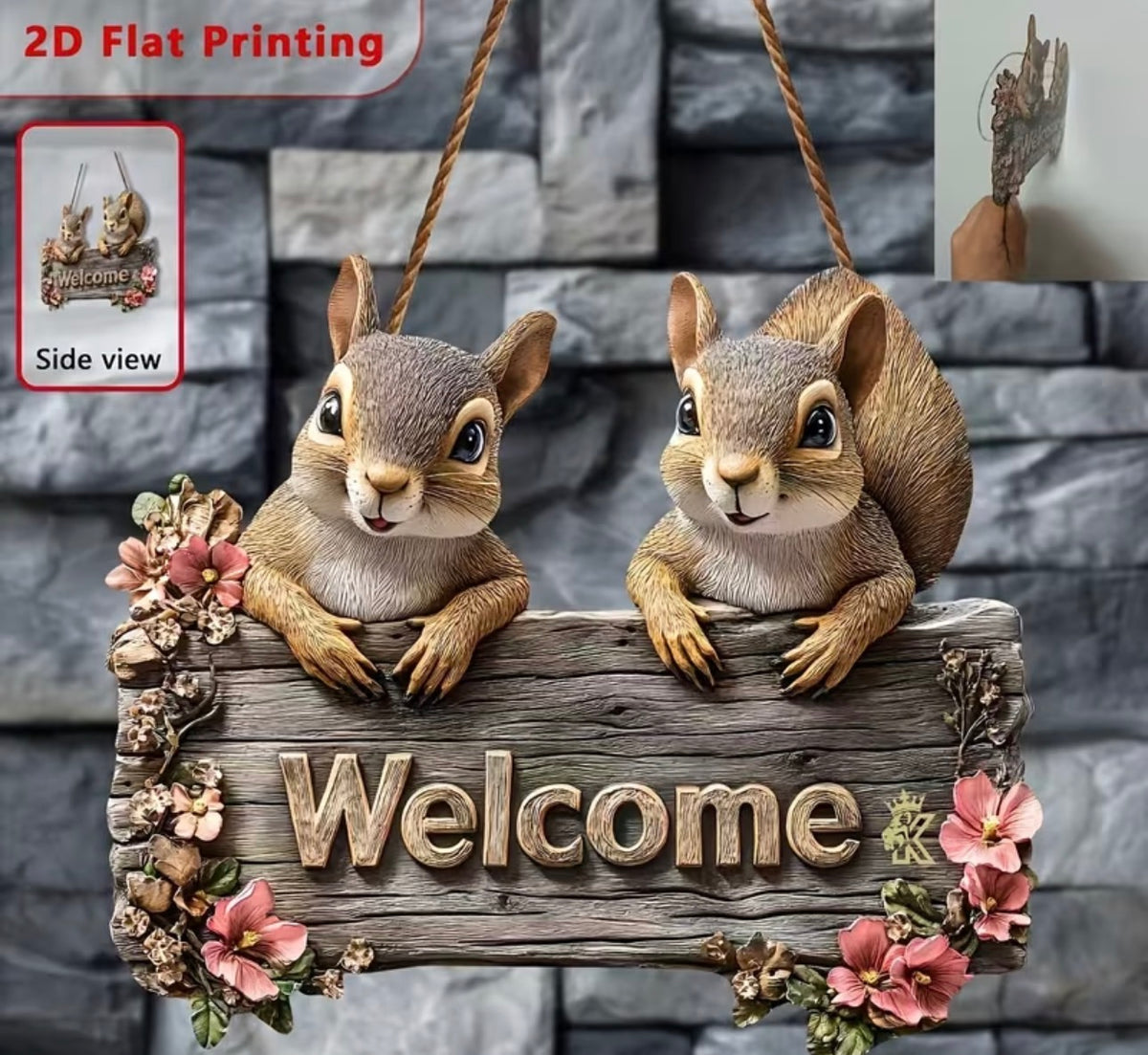 2D Flat - [2D Flat] 2D Squirrel Print Wooden Sign | 24.99 x 21.67 cm, Boho Style, Wall Hanging, Perfect for Porch, Garden, Bar or Cafe Decor