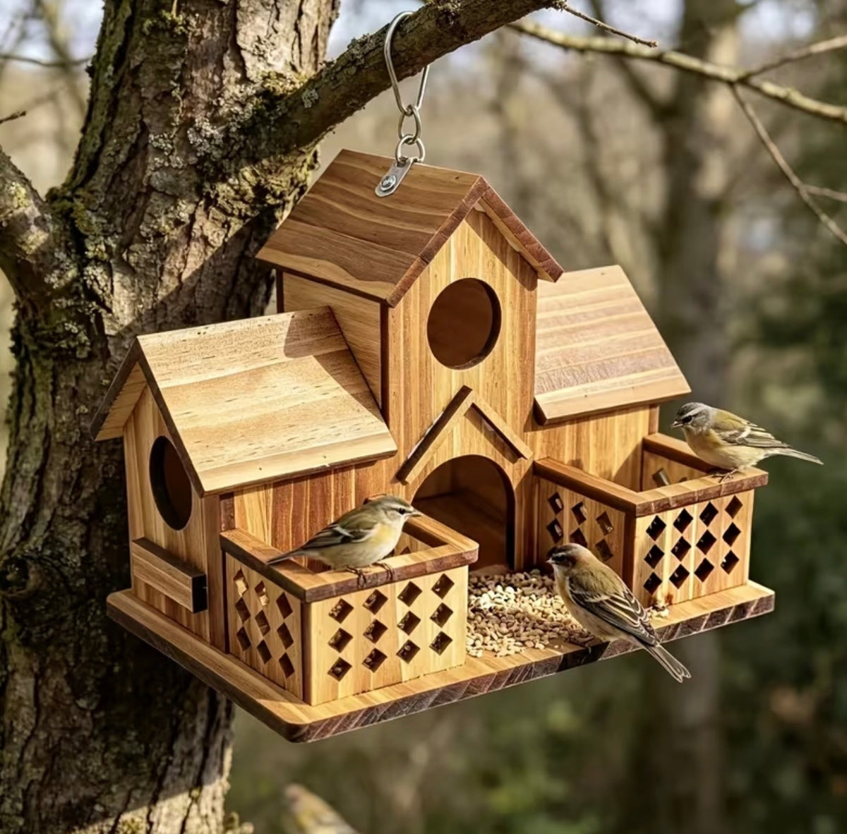Handcrafted Large Wooden Outdoor Birdhouse with Two Feeding Areas, Natural Pine Wood Hanging Bird Feeder and Perch, Suitable for Garden and Courtyard Decoration, Aimed at Attracting Birds, Rustic Design, Natural Wood Grain
