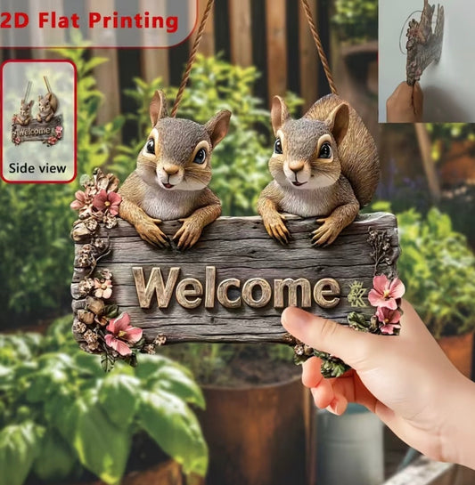 2D Flat - [2D Flat] 2D Squirrel Print Wooden Sign | 24.99 x 21.67 cm, Boho Style, Wall Hanging, Perfect for Porch, Garden, Bar or Cafe Decor