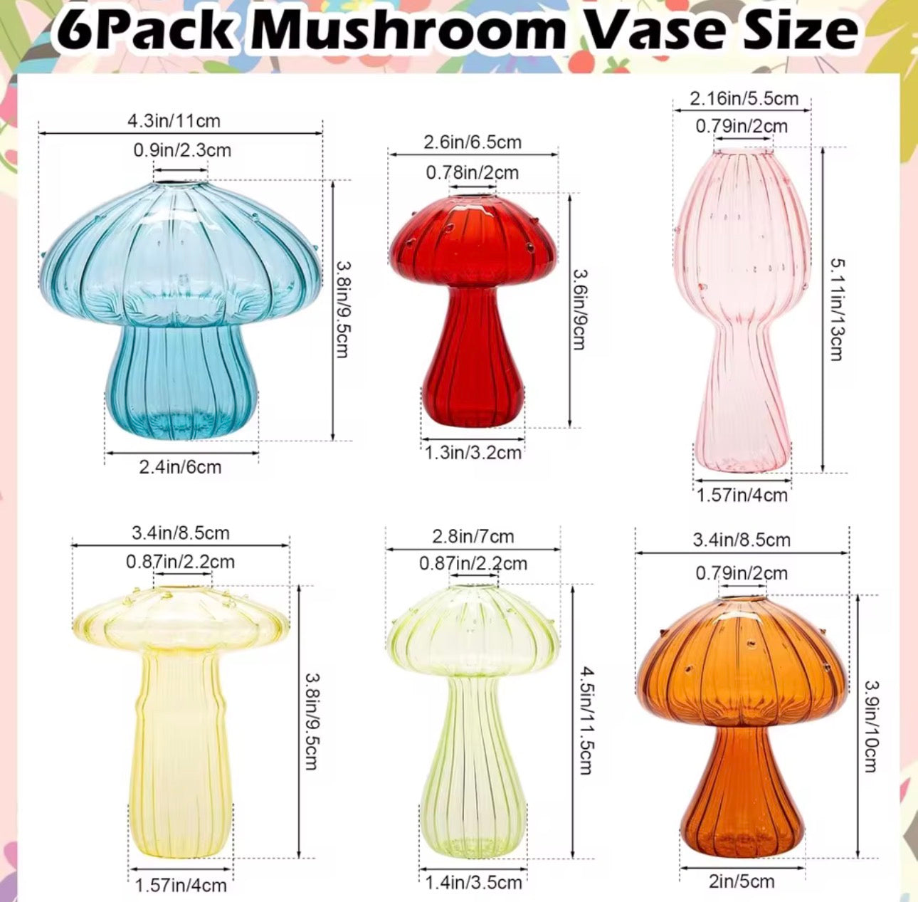 Set of 6 mushroom glass vases
