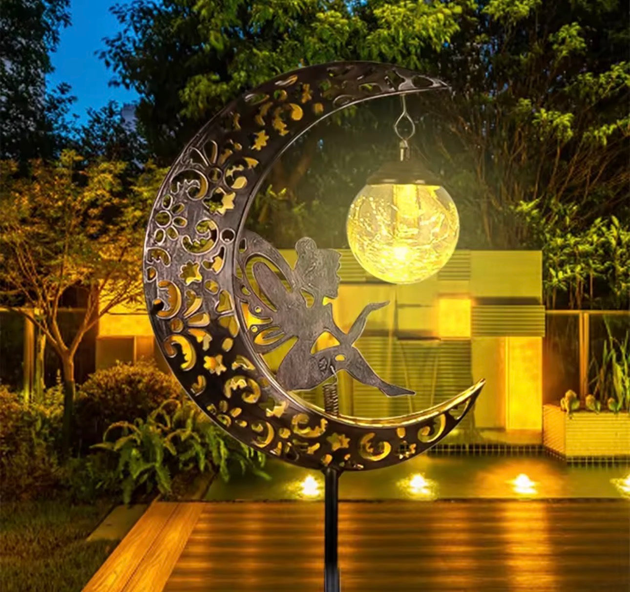 Solar garden statue outdoor decor fairy moon figurine light