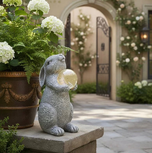 1pc solar powered Resin Rabbit Holding Ball Outdoor Decoration – Single Courtyard Sculpture for Balconies, Lawns & Landscape Environments