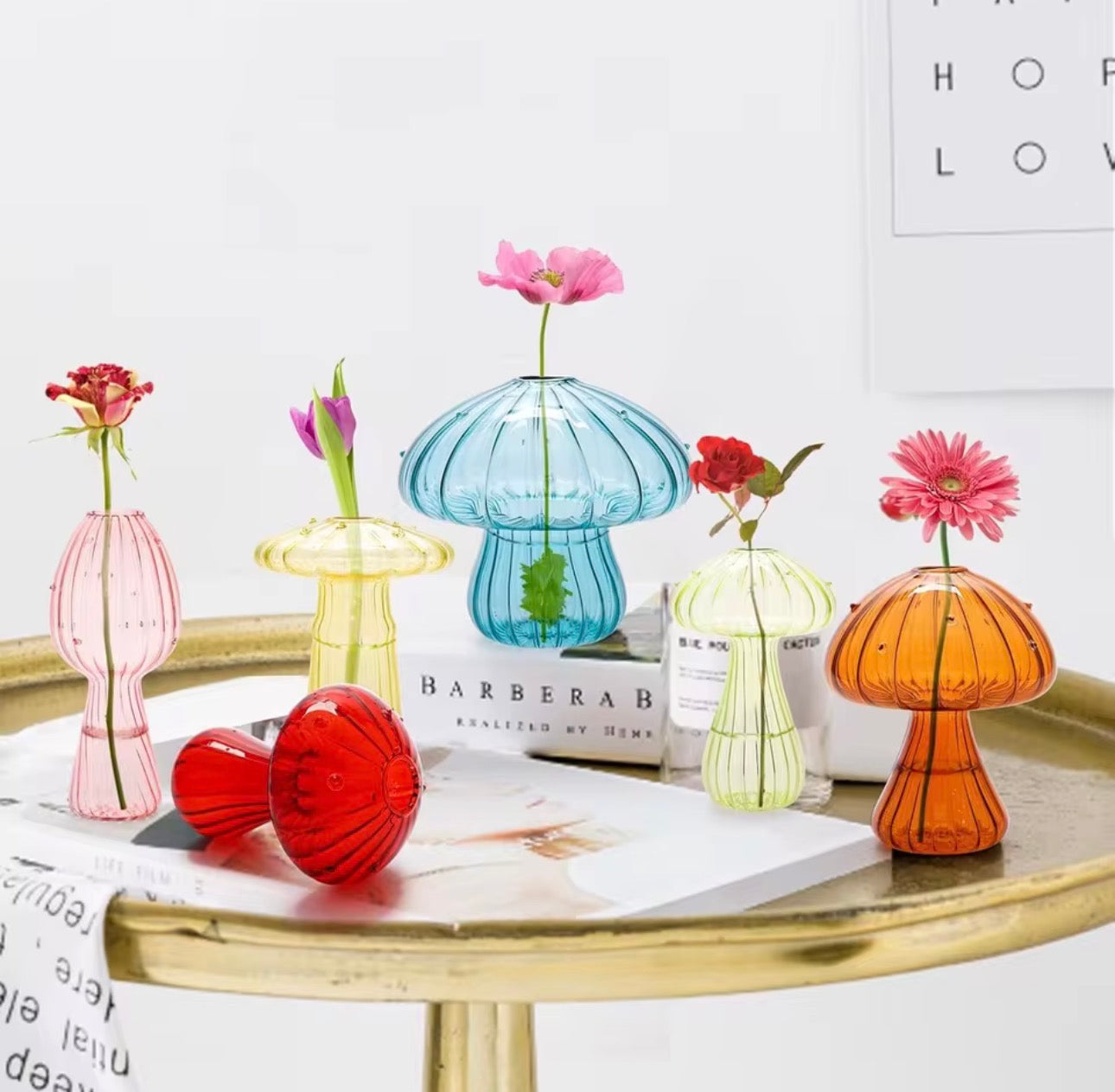 Set of 6 mushroom glass vases