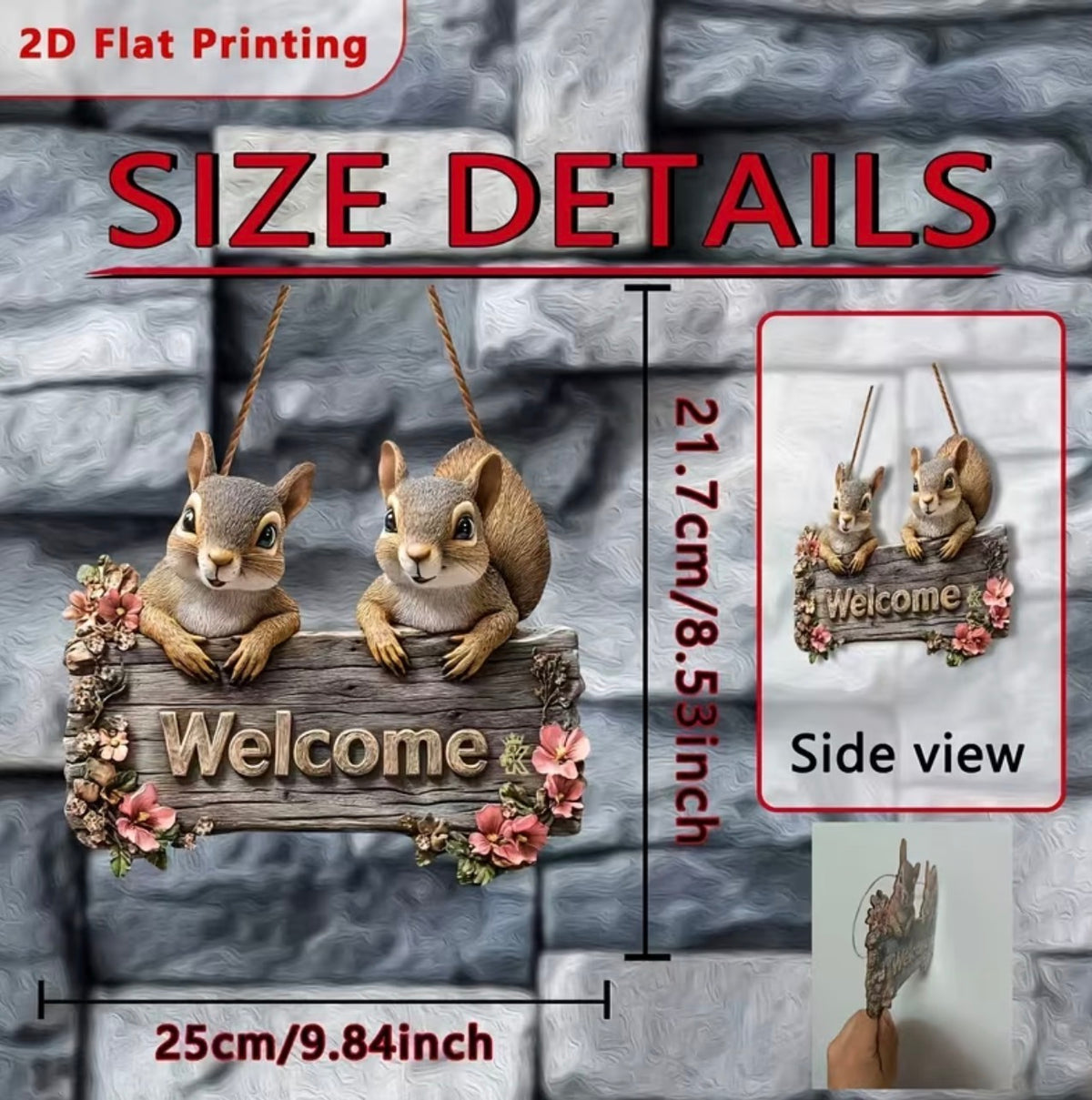 2D Flat - [2D Flat] 2D Squirrel Print Wooden Sign | 24.99 x 21.67 cm, Boho Style, Wall Hanging, Perfect for Porch, Garden, Bar or Cafe Decor