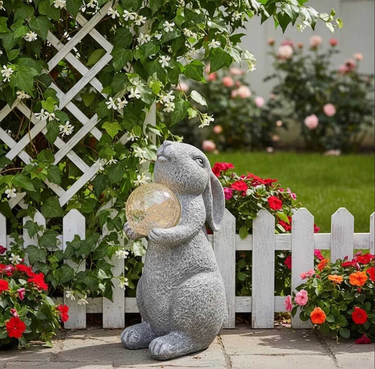 1pc solar powered Resin Rabbit Holding Ball Outdoor Decoration – Single Courtyard Sculpture for Balconies, Lawns & Landscape Environments