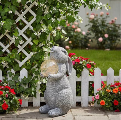 1pc solar powered Resin Rabbit Holding Ball Outdoor Decoration – Single Courtyard Sculpture for Balconies, Lawns & Landscape Environments