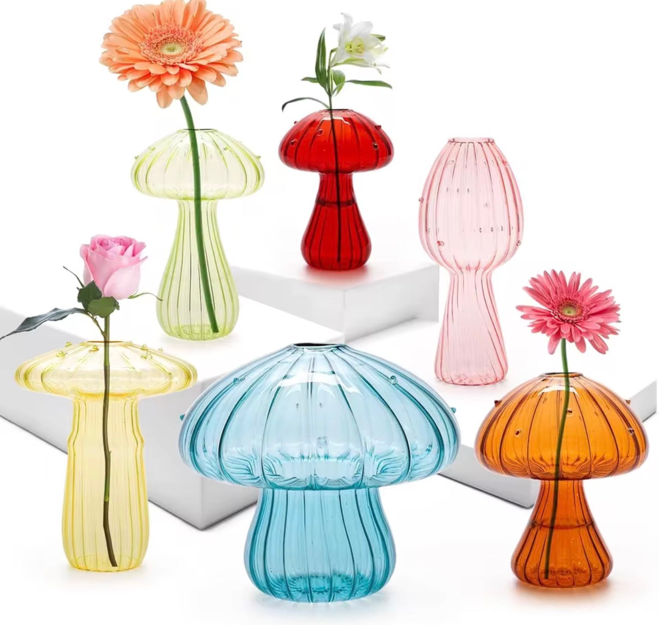 Set of 6 mushroom glass vases