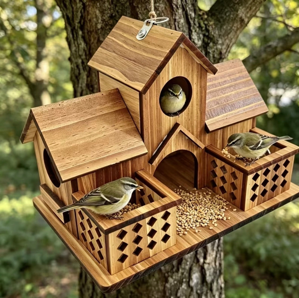 Handcrafted Large Wooden Outdoor Birdhouse with Two Feeding Areas, Natural Pine Wood Hanging Bird Feeder and Perch, Suitable for Garden and Courtyard Decoration, Aimed at Attracting Birds, Rustic Design, Natural Wood Grain